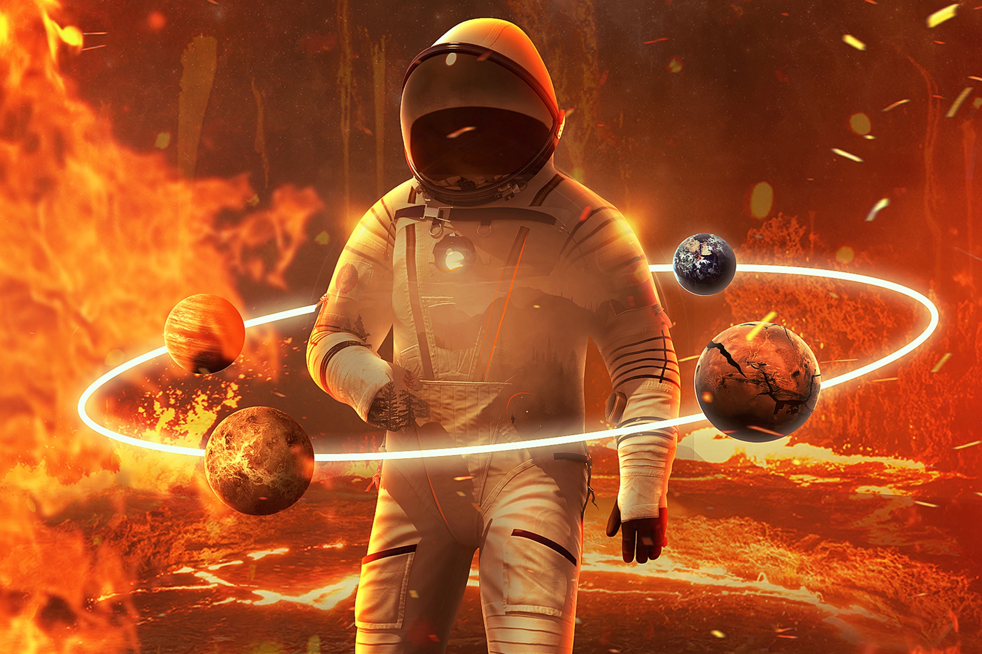 Astronaut Rounding the Fire Planets Wallpaper 