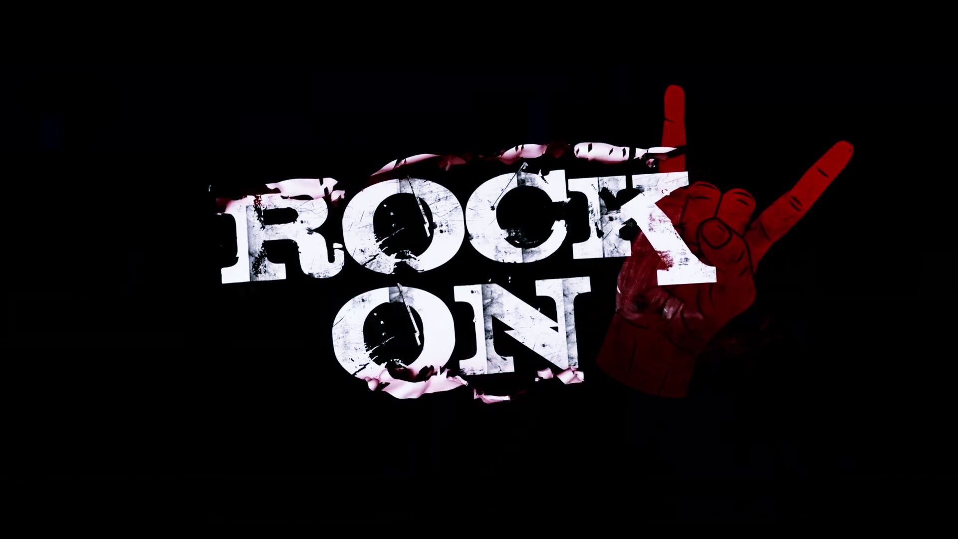 Grafik af ordene 'Rock On' med en hånd der kaster djævlehorn