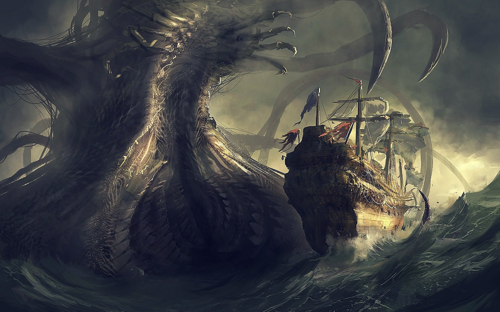 Sea Monster Dark Desktop Wallpaper 