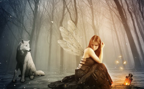 Beautiful Girl With Wings And Wolf Wallpaper 12457