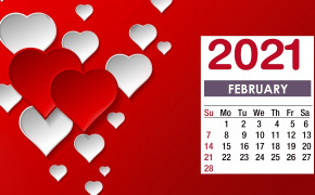 February 2021 Calendar Red White Heart Wallpaper 72224